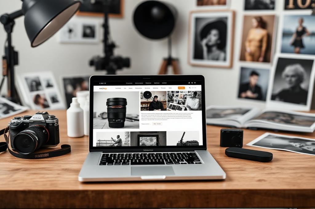 Fotografen-Portfolio-Website auf Laptop neben Kameraequipment in einem Wiener Fotostudio