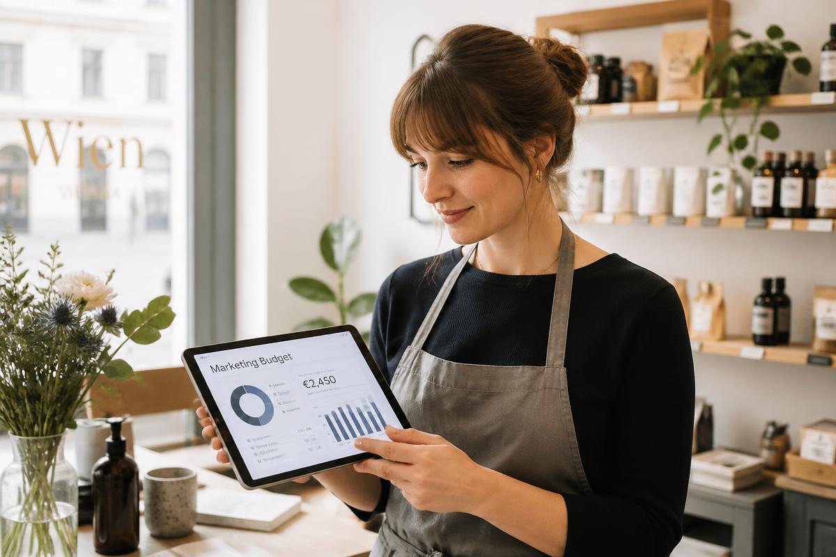 Unternehmerin in Wien prüft ihr monatliches Online-Marketing-Budget auf einem Tablet